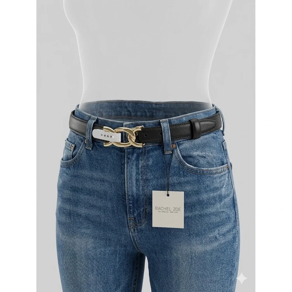 Rachel Zoe Black Leather Belt High Shine Gold Interlocking Chain Link L‎ NWT